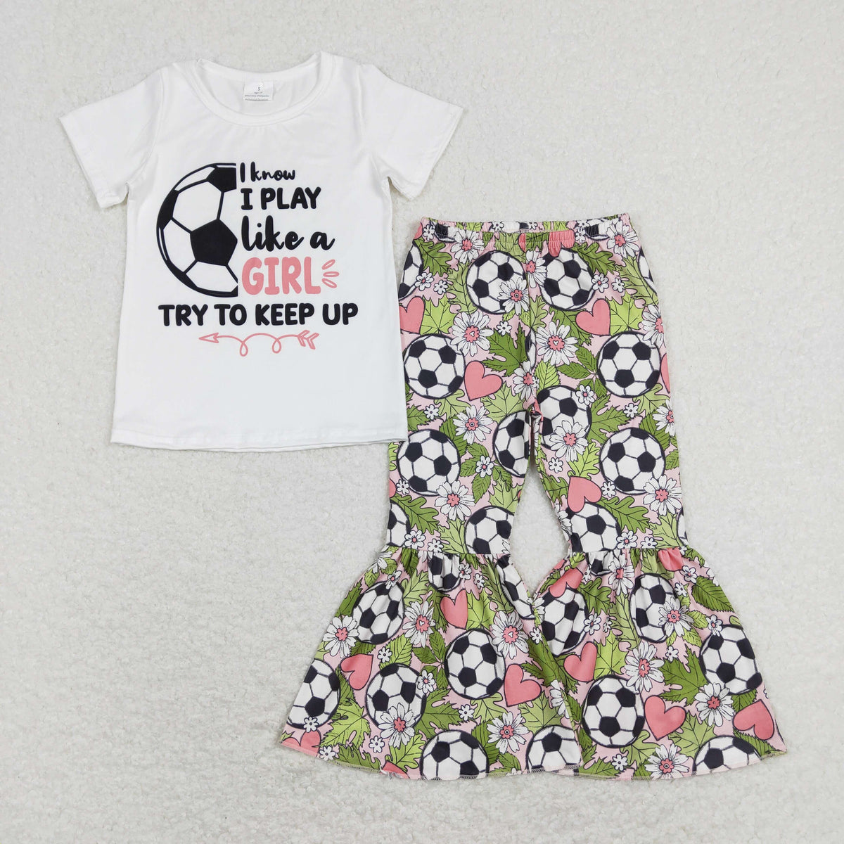 Sibling Baby Girls Short Sleeve Baseballs Footballs Top Bell Bottom Pants Team Clothes Sets