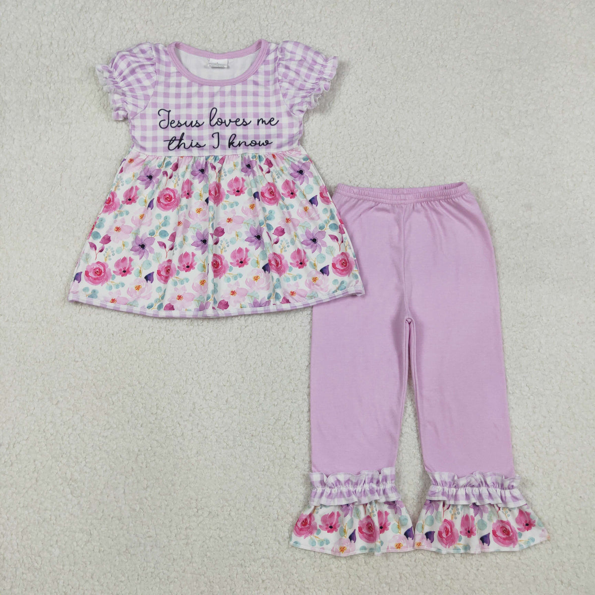 GSPO2129 Baby Girls Jesus Love Me Flowers Checked Tunic Ruffle Pants Clothes Sets