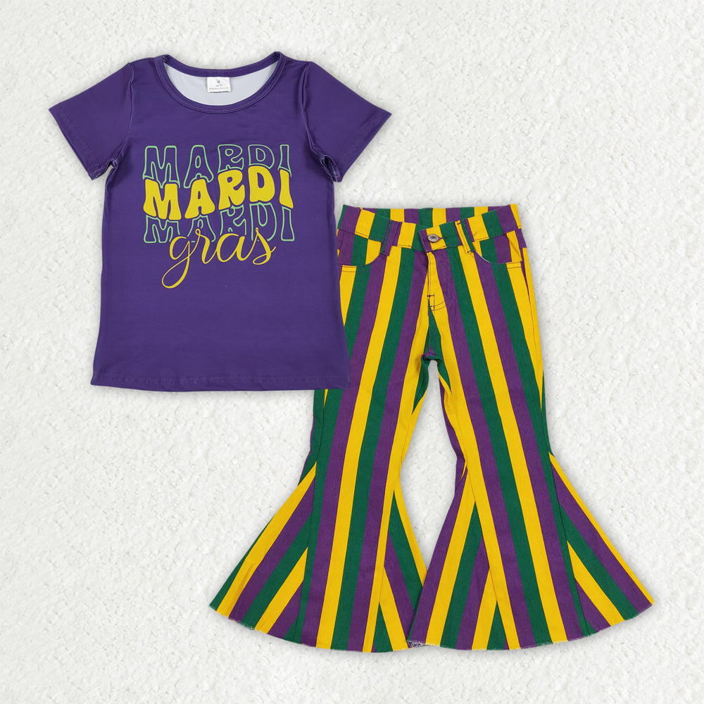 Baby Girls Purple Shirts Top Stripe Denim Bell Bottom Pants Mardigras Clothes Sets