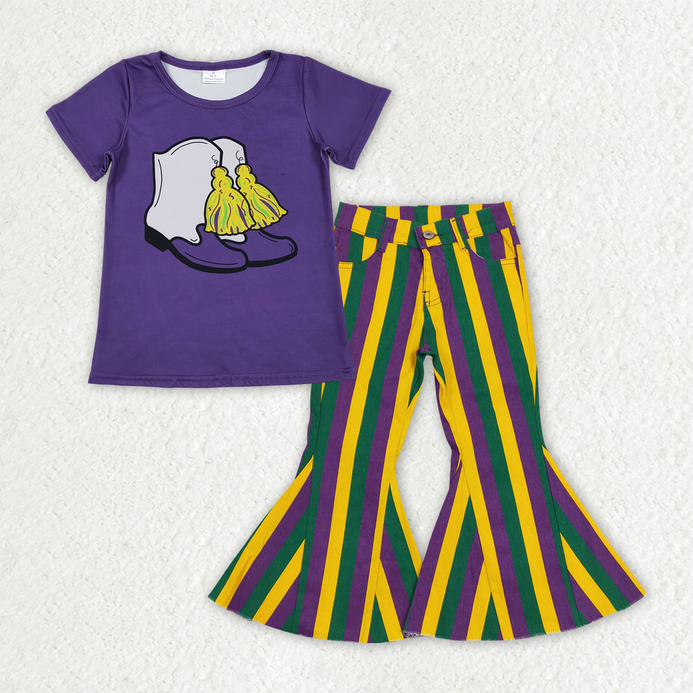 Baby Girls Purple Boots Tassel Top Stripe Denim Bell Bottom Pants Mardigras Clothes Sets