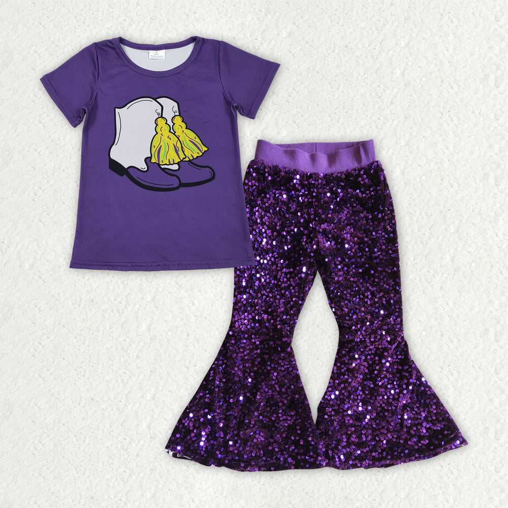 Baby Girls Purple Boots Tassel Top Sequin Bell Bottom Pants Mardigras Clothes Sets