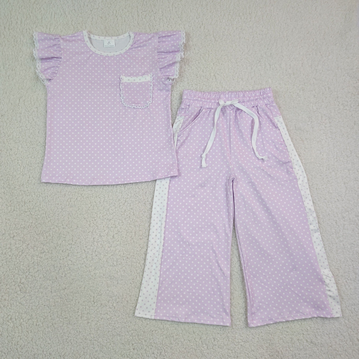 GSPO2328 Baby Girls Lavender Polka Dots Pocket Flutter Sleeve Top Flare Pant Clothes Set
