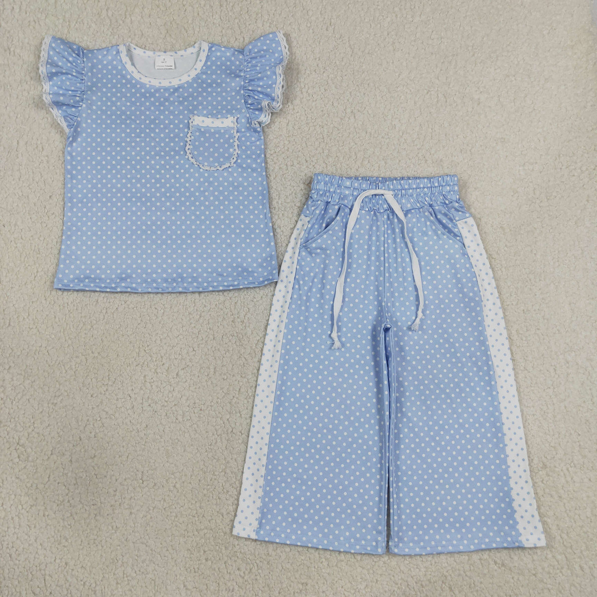 GSPO2331 Baby Girls Blue Polka Dots Pocket Flutter Sleeve Top Flare Pant Clothes Set