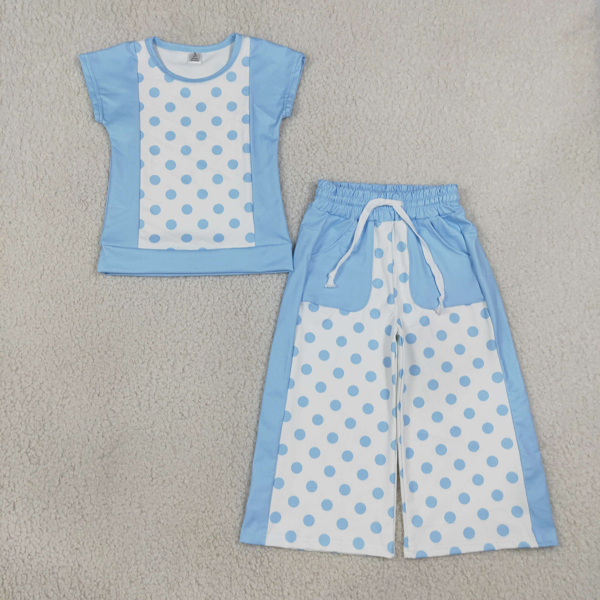 GSPO2334 Baby Girls Blue White Polka Dots Top Pockets Flare Pant Yoga Active Clothes Set