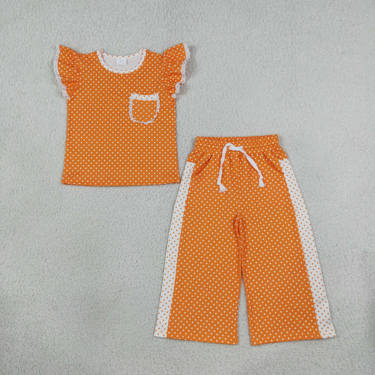 GSPO2367 Baby Girls Orange Polka Dots Pocket Flutter Sleeve Top Flare Pant Clothes Set