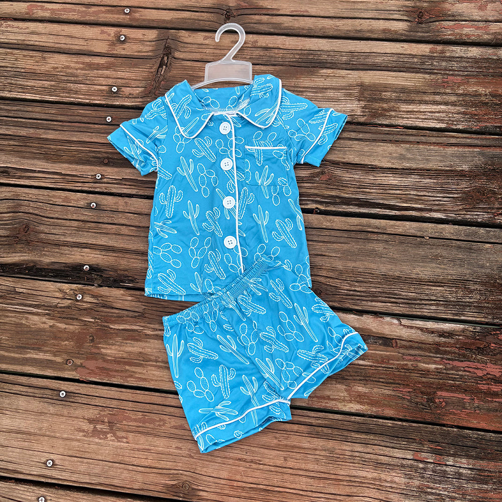 Boys Girls Western Cactus Pockets Button Up Summer Pajamas