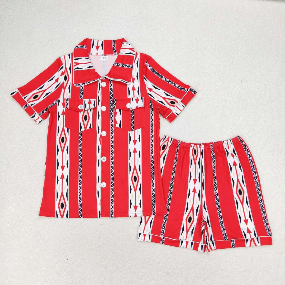 Sibling Adult Women Leopard Aztec Smiles Button Pockets Top Shorts Western Pajamas Set