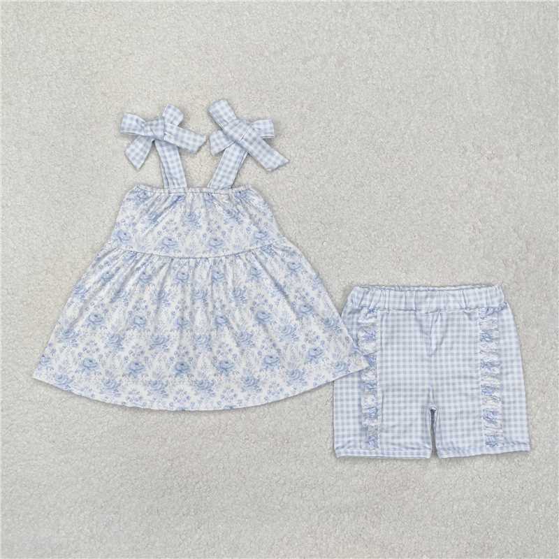 Sibling Baby Girls Blue Flowers Straps Tunic Ruffle Short Set Knee Length Dresses