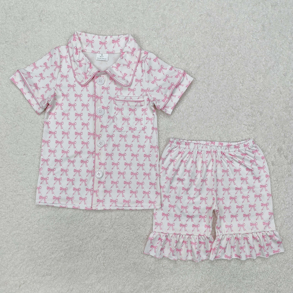 Sibling Baby Girls Colorful Bows Buttons Shirt Shorts Pajamas Clothes Sets