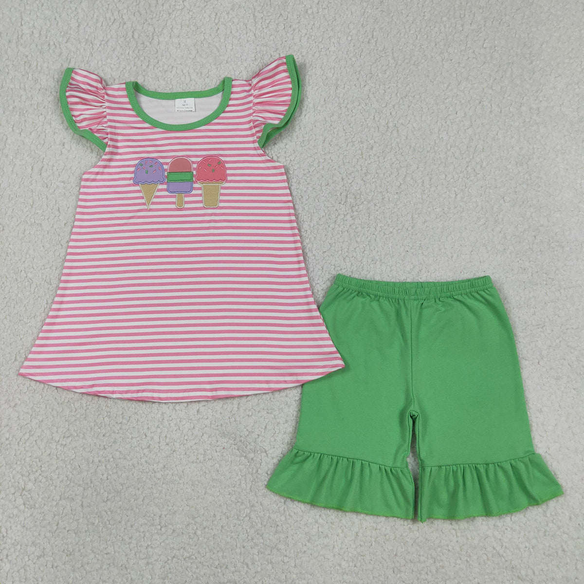 GSSO2349 Baby Girls Embroidery Ice Creams Stripe Tunic Ruffle Short Clothes Set
