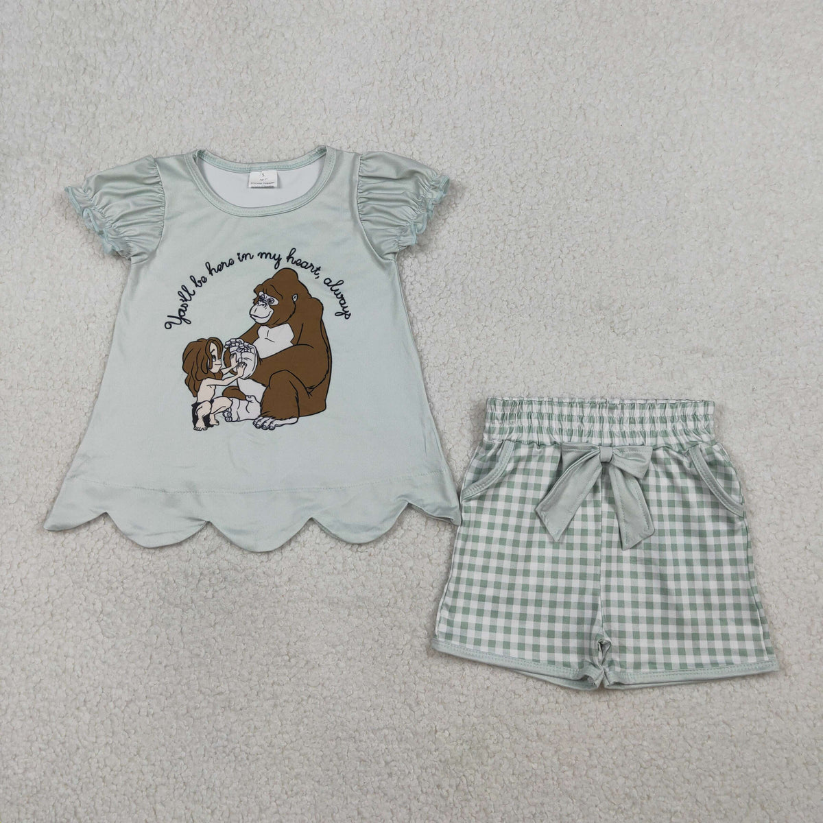 GSSO2906 Baby Girls Cartoon Monkey Scallop Tunic Pockets Checked Short Clothes Sets