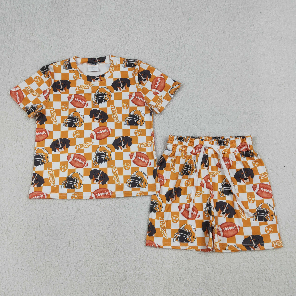 GSSO3161 Baby Girls Orange Checked Footballs Tennessee Top Short Team Clothes Set