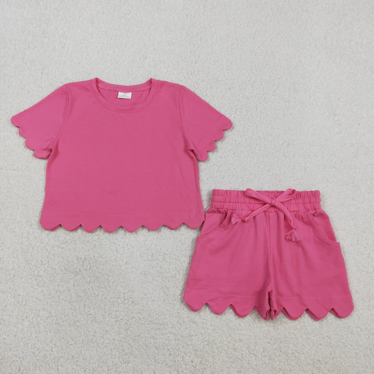 Mama and Me Girls Hot Pink Top Pockets Short Scallop Cotton Clothes Sets