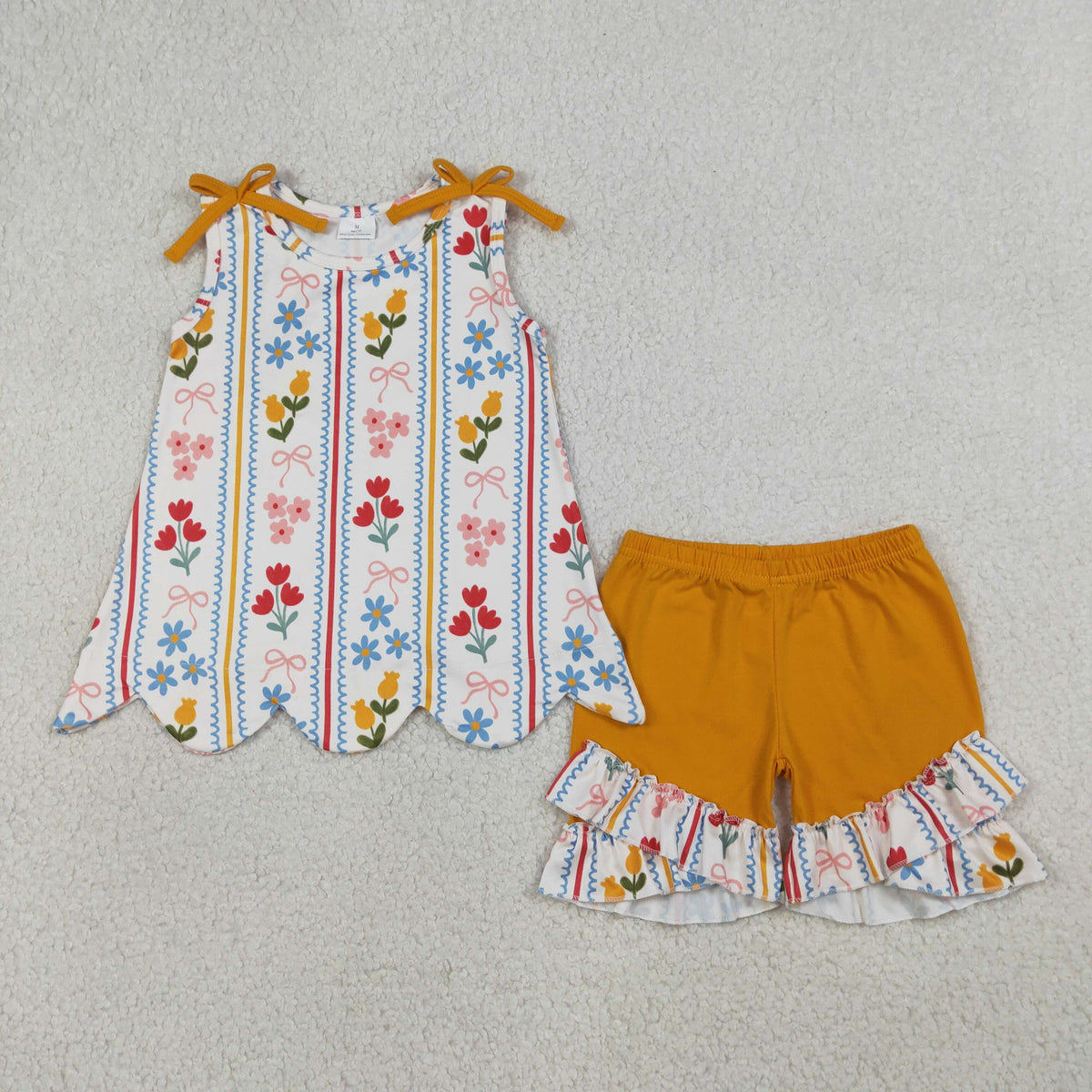 GSSO3388 Baby Colorful Flowers Bows Stripe Tunic Ruffle Shorts Clothes Sets