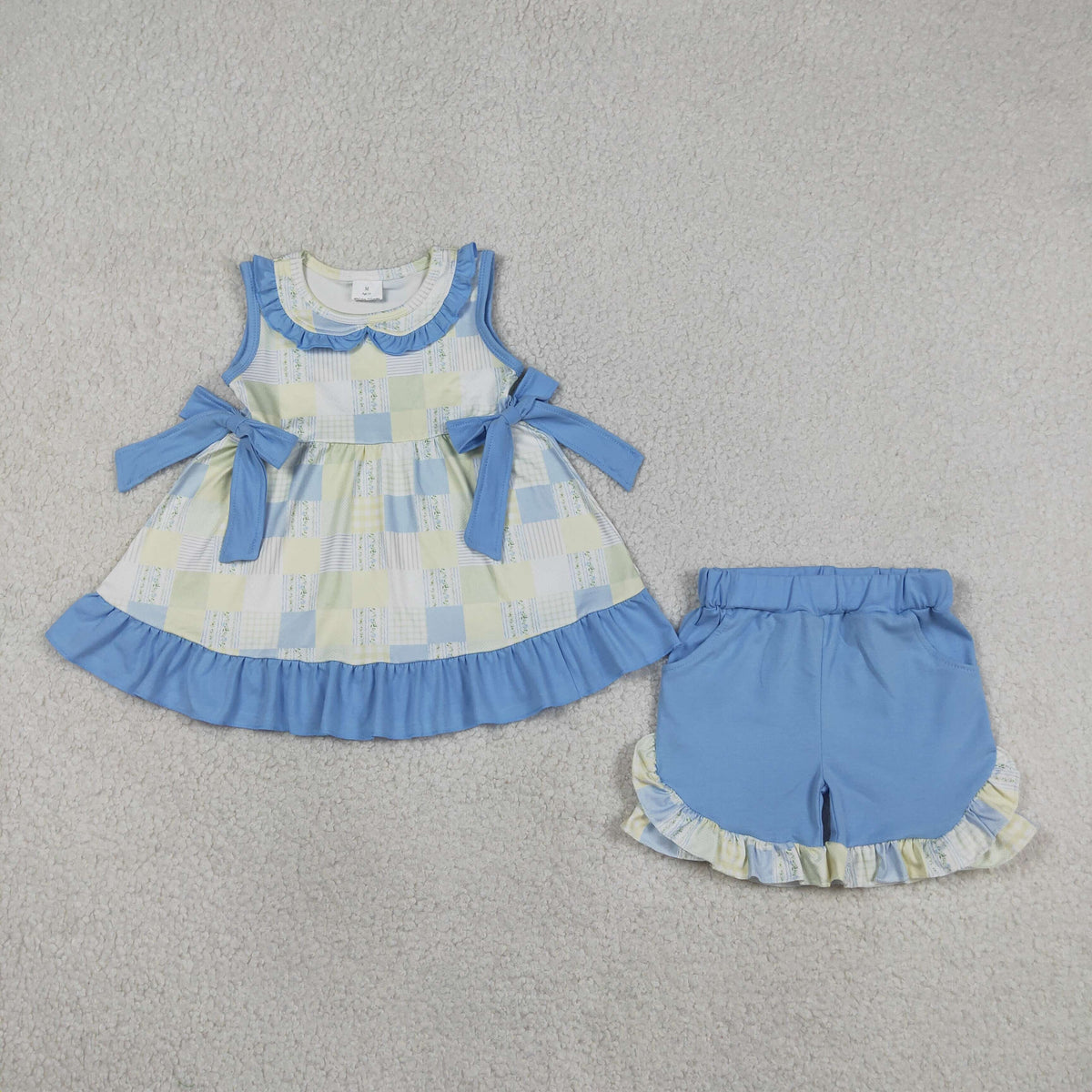 GSSO3439 Baby Girls Sleeveless Flowers Checked Bows Tunic Ruffle Short Clothes Set