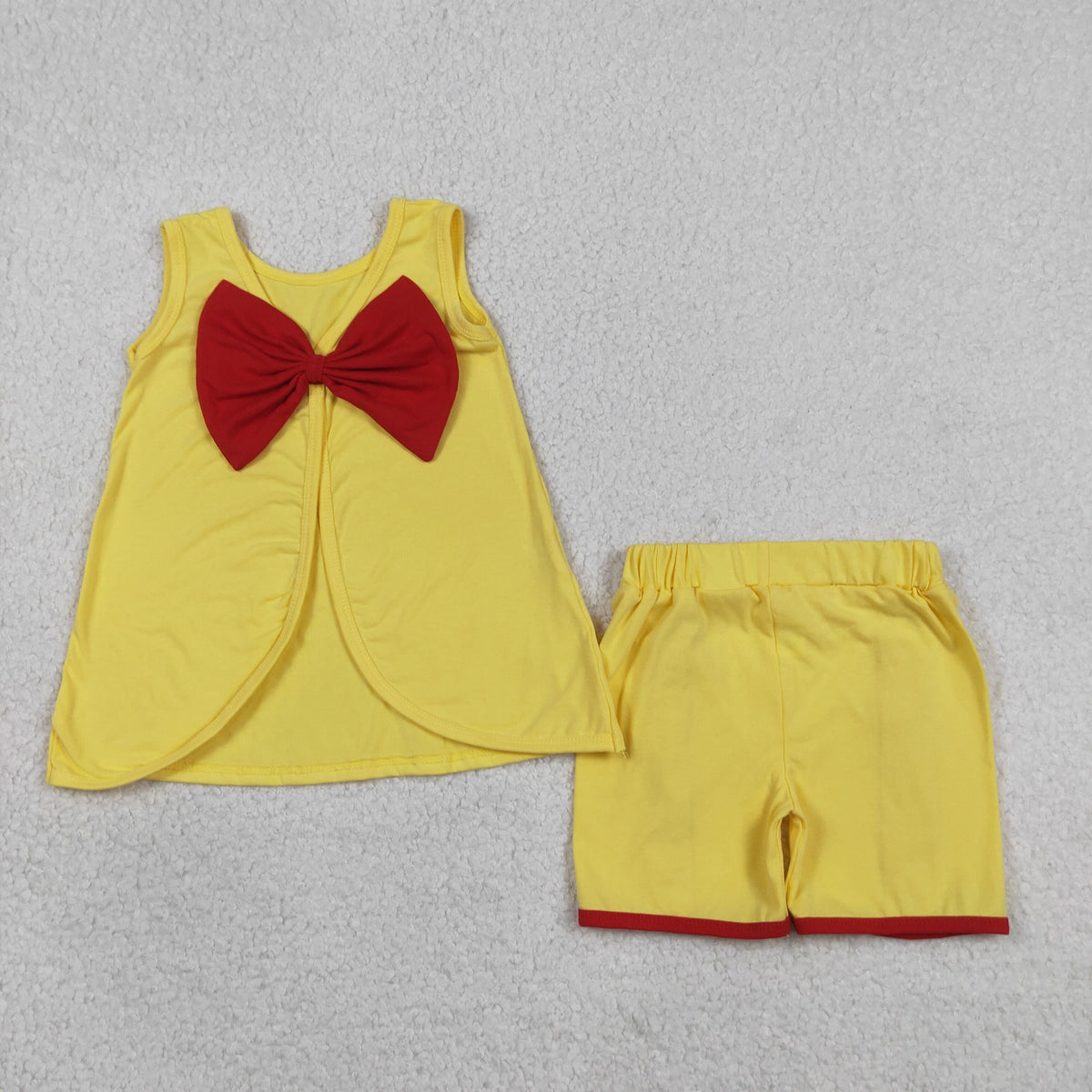 GSSO3466 Baby Girls Sleeveless Yellow Red Babk Bow Tunic Ruffle Short Clothes Set