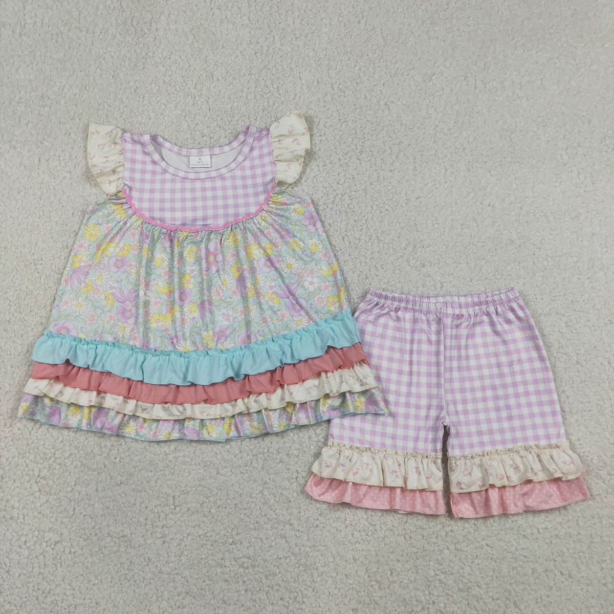 GSSO3485 Baby Girls Colorful Flowers Patchwork Tunic Ruffle Short Clothes Set(副本)