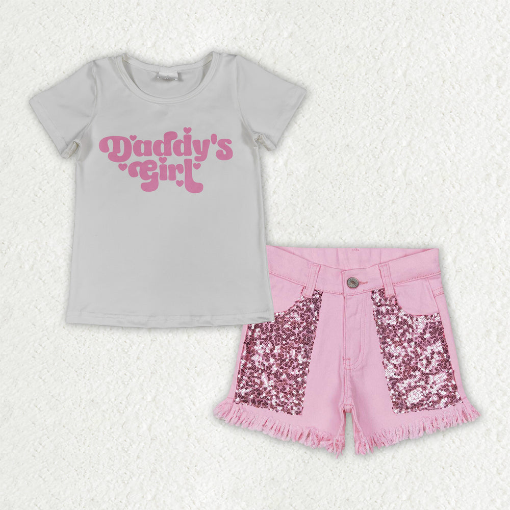 GSSO3757 Daddy's Girl Hearts Top Sequin Denim Short Clothes Set