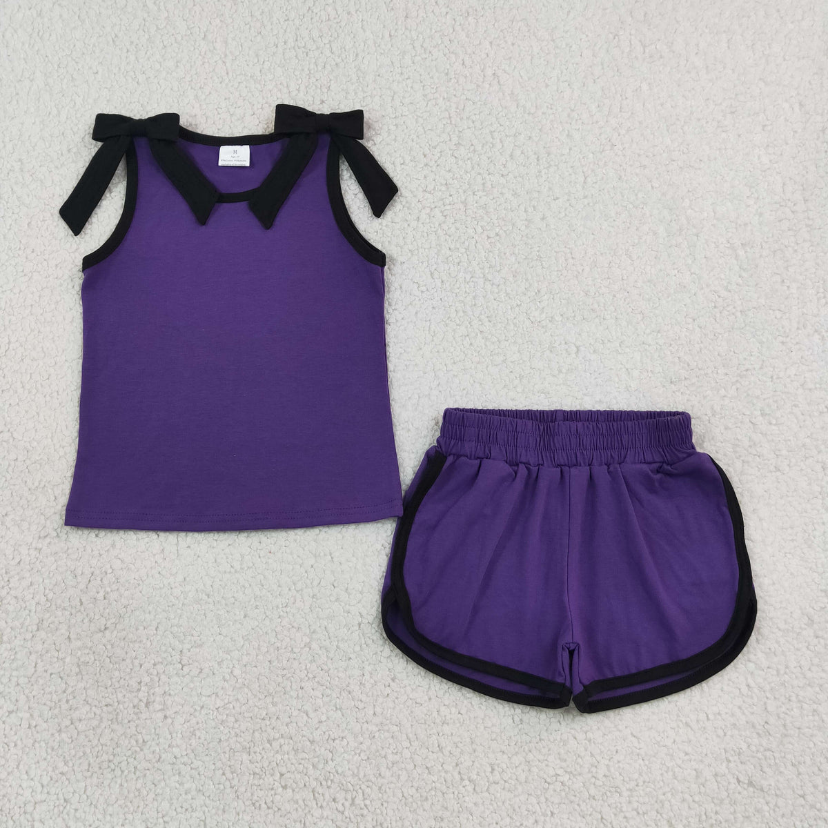 GSSO3815 Baby Girls Purple Black Bows Sleeveless Vests Pockets Short Clothes Set