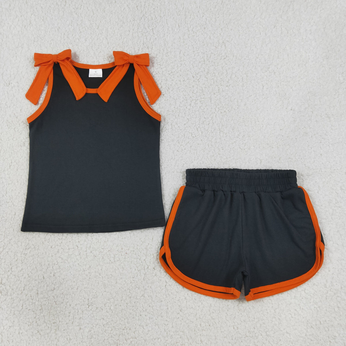 GSSO3822 Baby Girls Black Orange Bows Sleeveless Vests Pockets Short Clothes Set