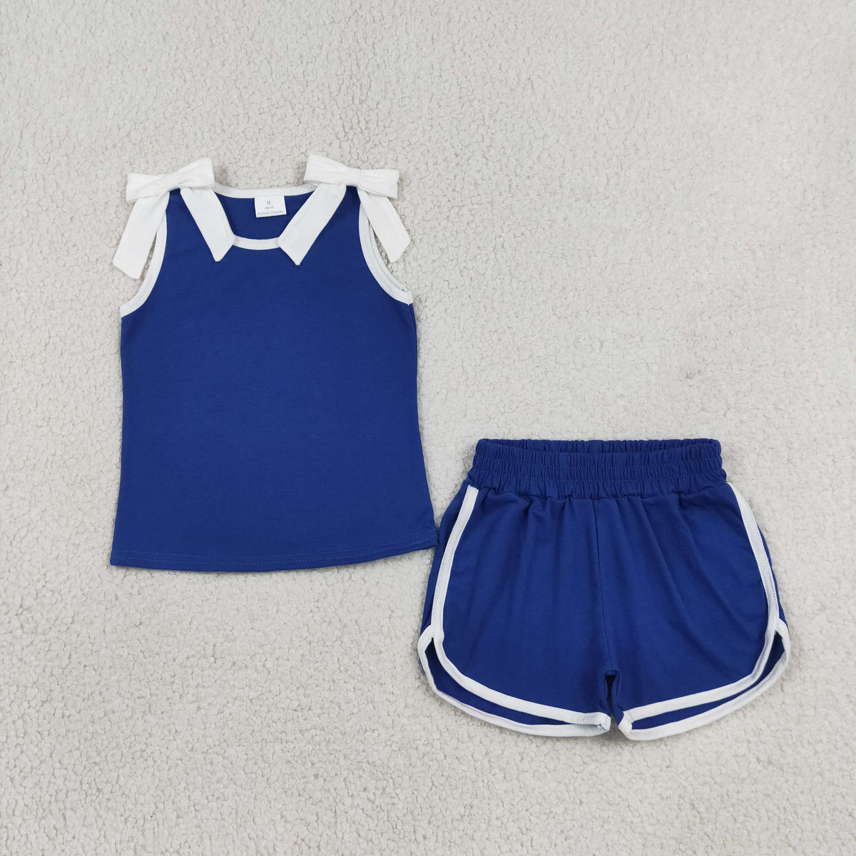 GSSO3824 Baby Girls Blue White Bows Sleeveless Vests Pockets Short Clothes Set