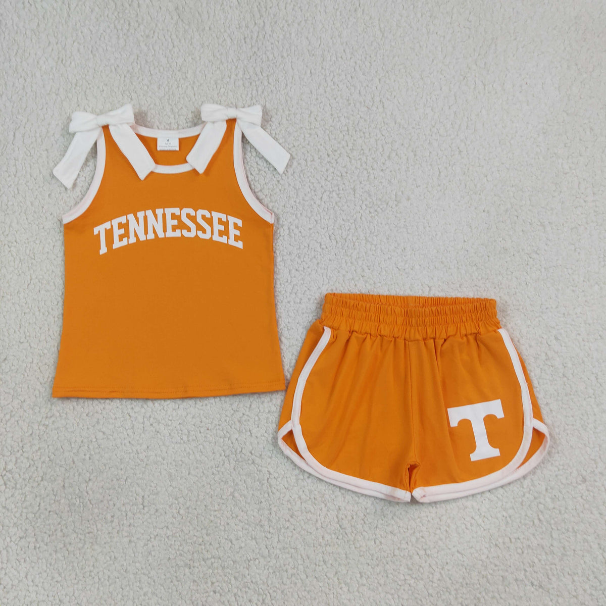 GSSO3829 Baby Girls Orange White Bows Vinyl Tennessee Sleeveless Vest Short Team Clothes Set
