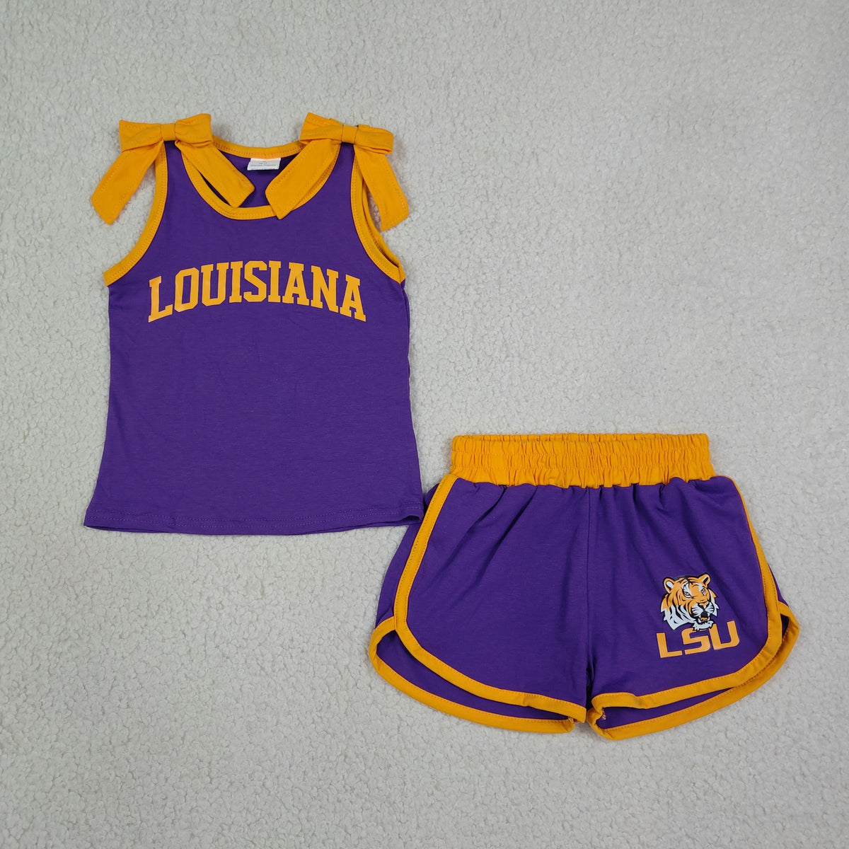 GSSO3832 Baby Girls Purple Orange Bows Vinyl Louisiana Sleeveless Vest Short Team Clothes Set