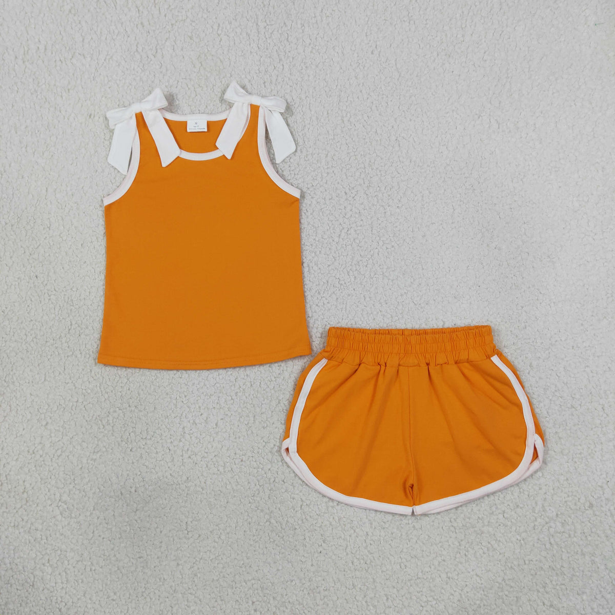 GSSO3851 Baby Girls Orange White Bows Sleeveless Vests Pockets Short Clothes Set