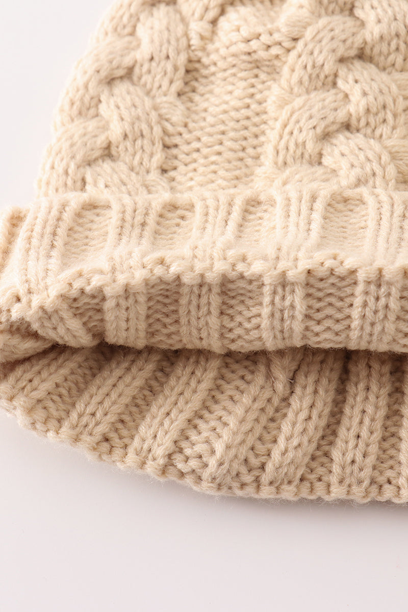 Beige pompom cable beanie hat