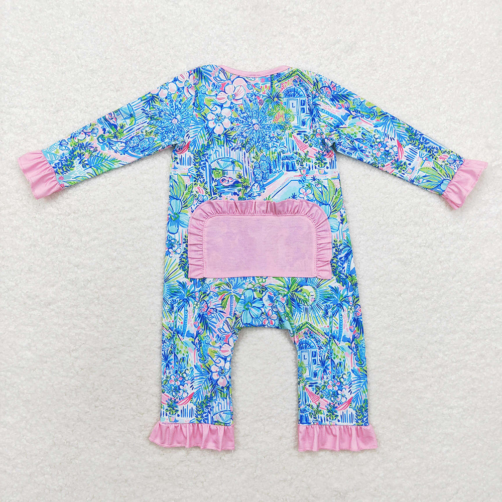 Sibling Baby Girls Blue Floral Ruffle Pant Bamboo Pajamas Sets Zipper Footie Rompers
