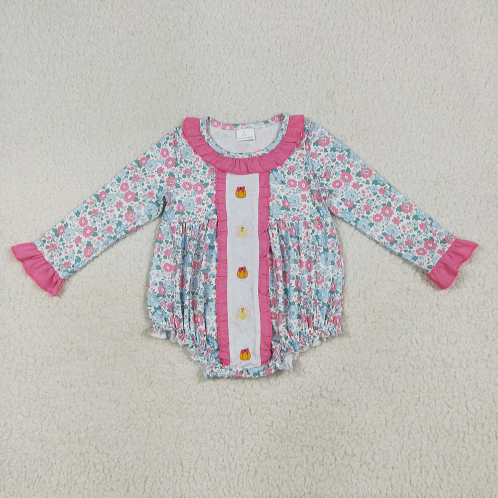 Sibling Embroidery Baby Girls Floral Turkey Pumpkins Rompers Dresses Sets