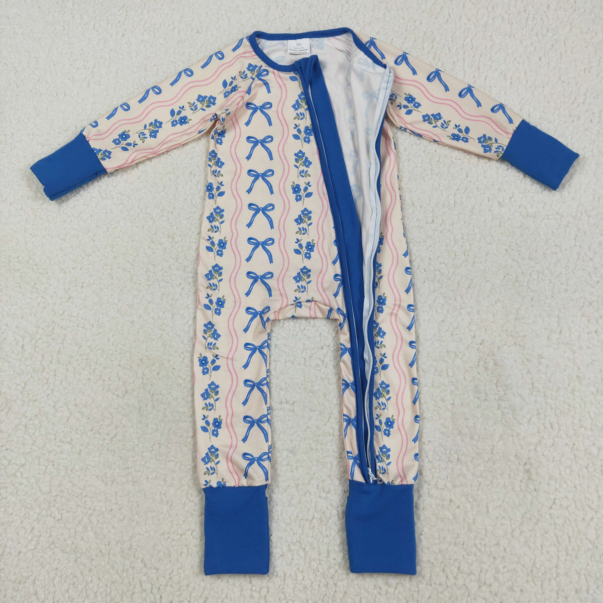 Sibling Baby Girls Blue Bows Flower Stripe Rompers Pajamas Sets