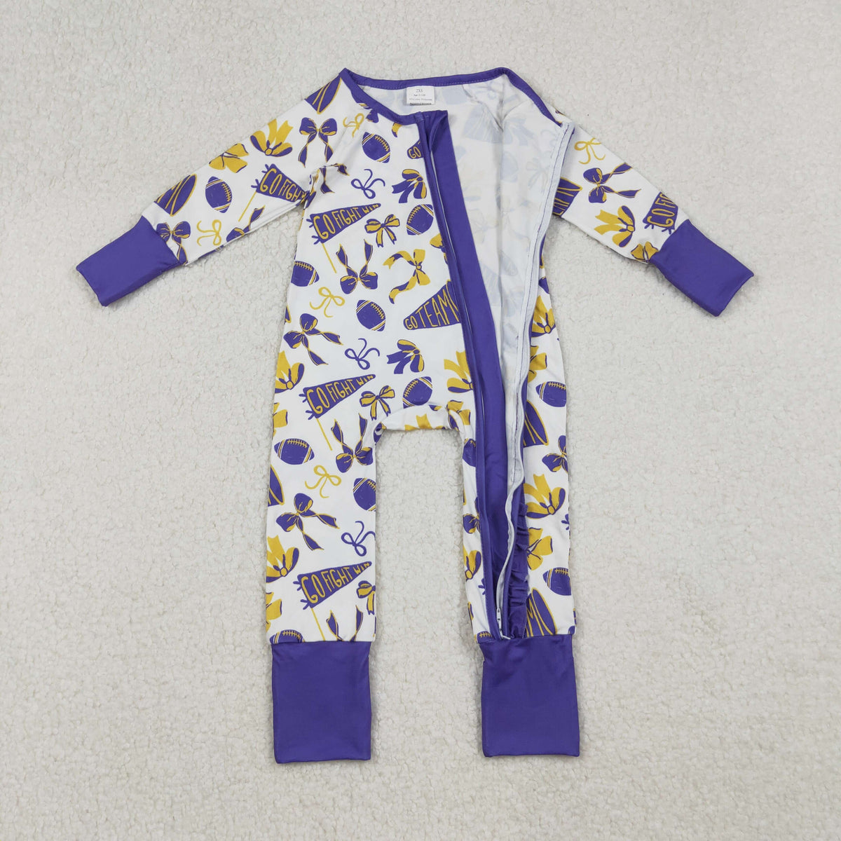 Sibling Baby Girls Purple Bows Footballs Go Team Ruffle Zipper Romper Knee Length Dress