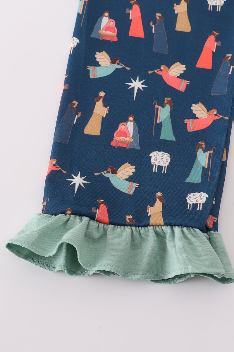 Navy nativity print ruffle pants set