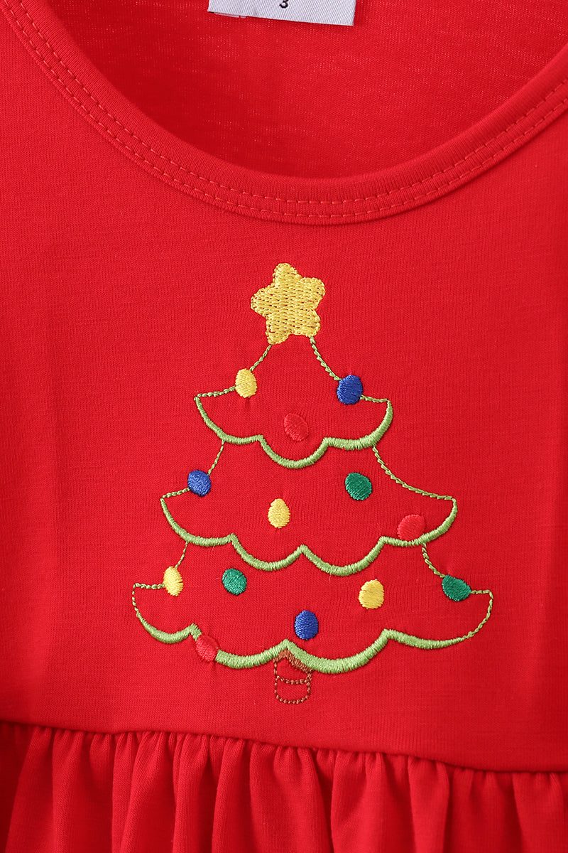 Red tree embroidery plaid bow pants set