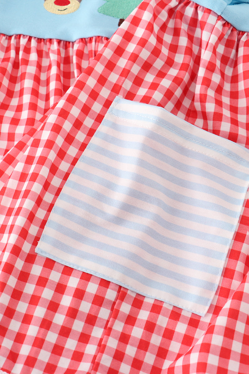 Blue deer tree santa embroidery ruffle dress