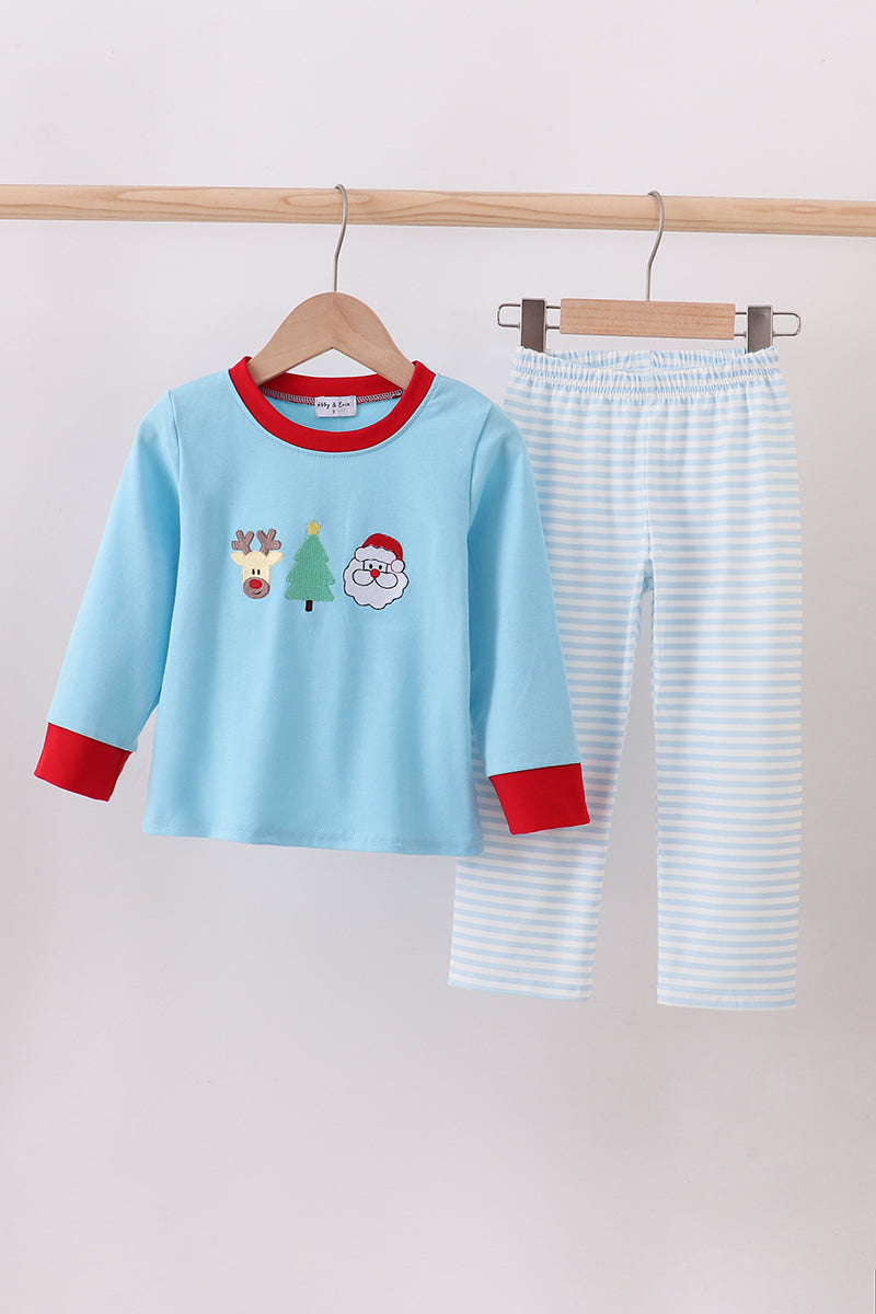 Blue deer tree santa embroidery pants set