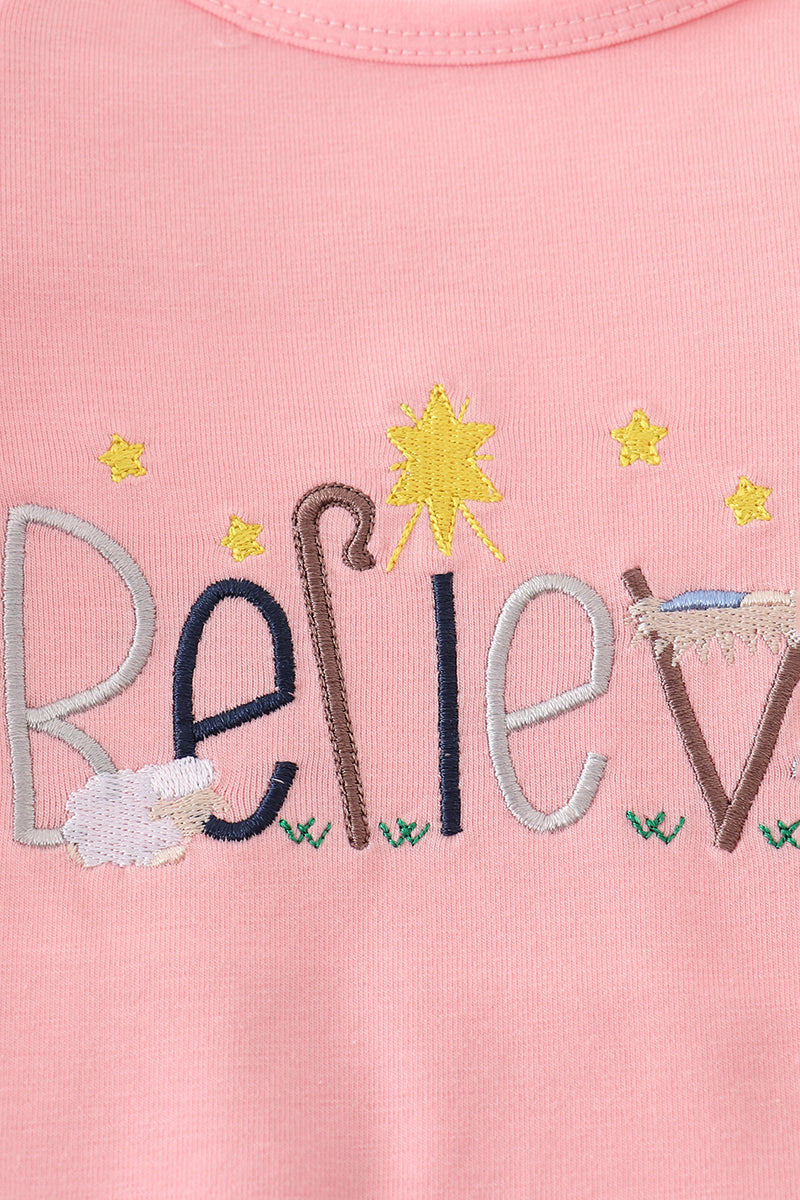 Pink believe embroidery ruffle romper