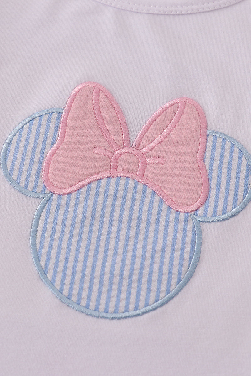 Blue character applique bow ruffle shorts set