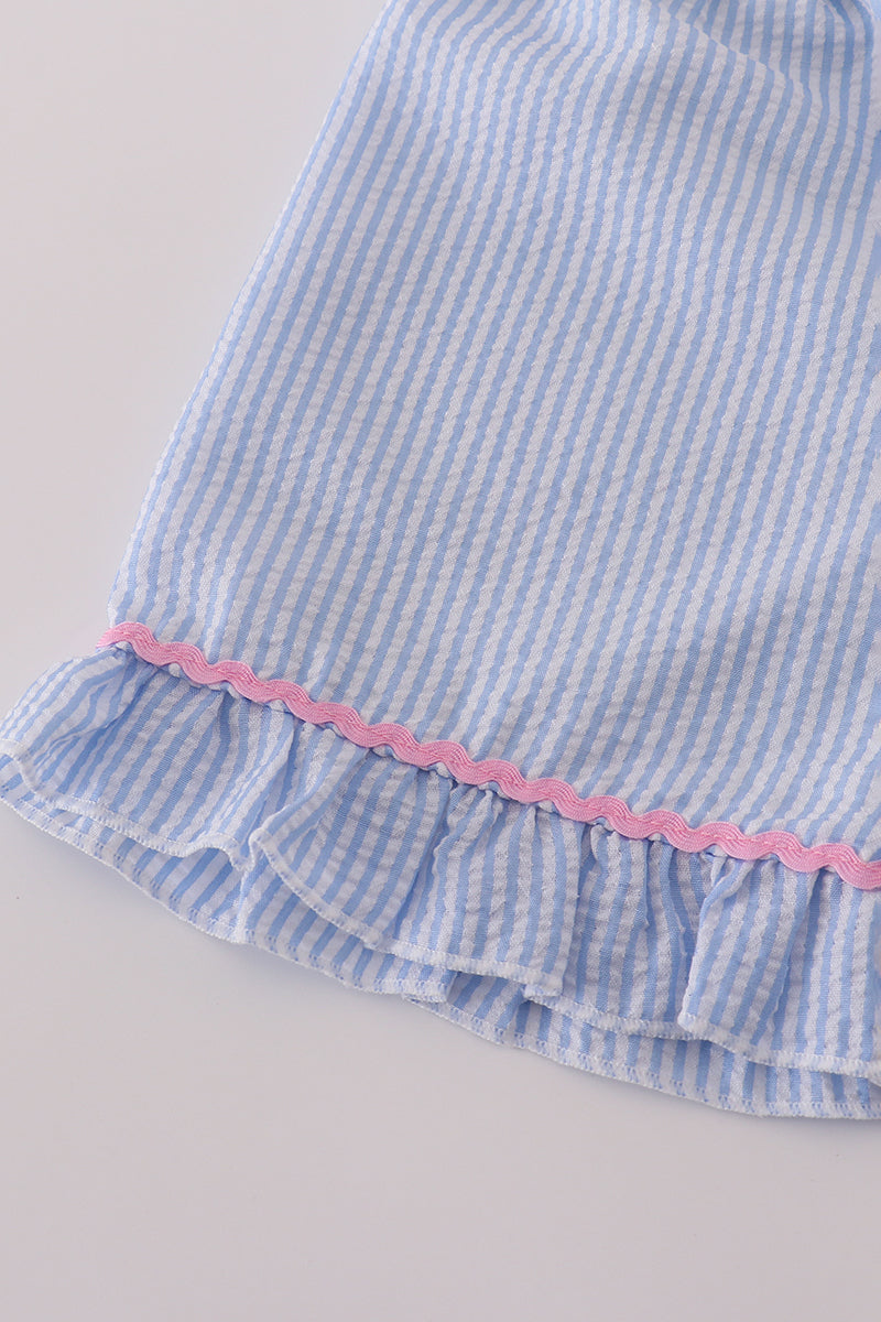 Blue character applique bow ruffle shorts set