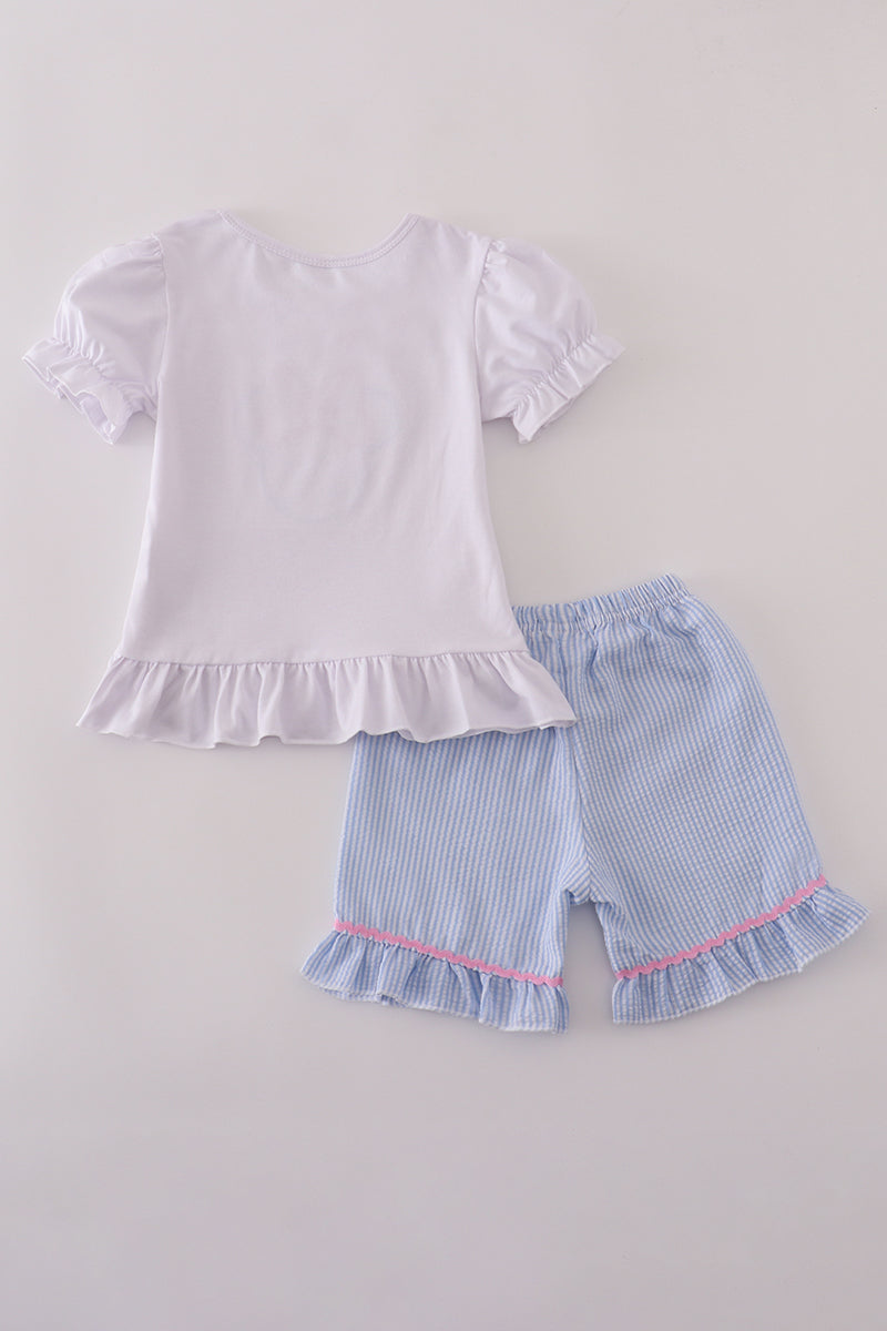 Blue character applique bow ruffle shorts set