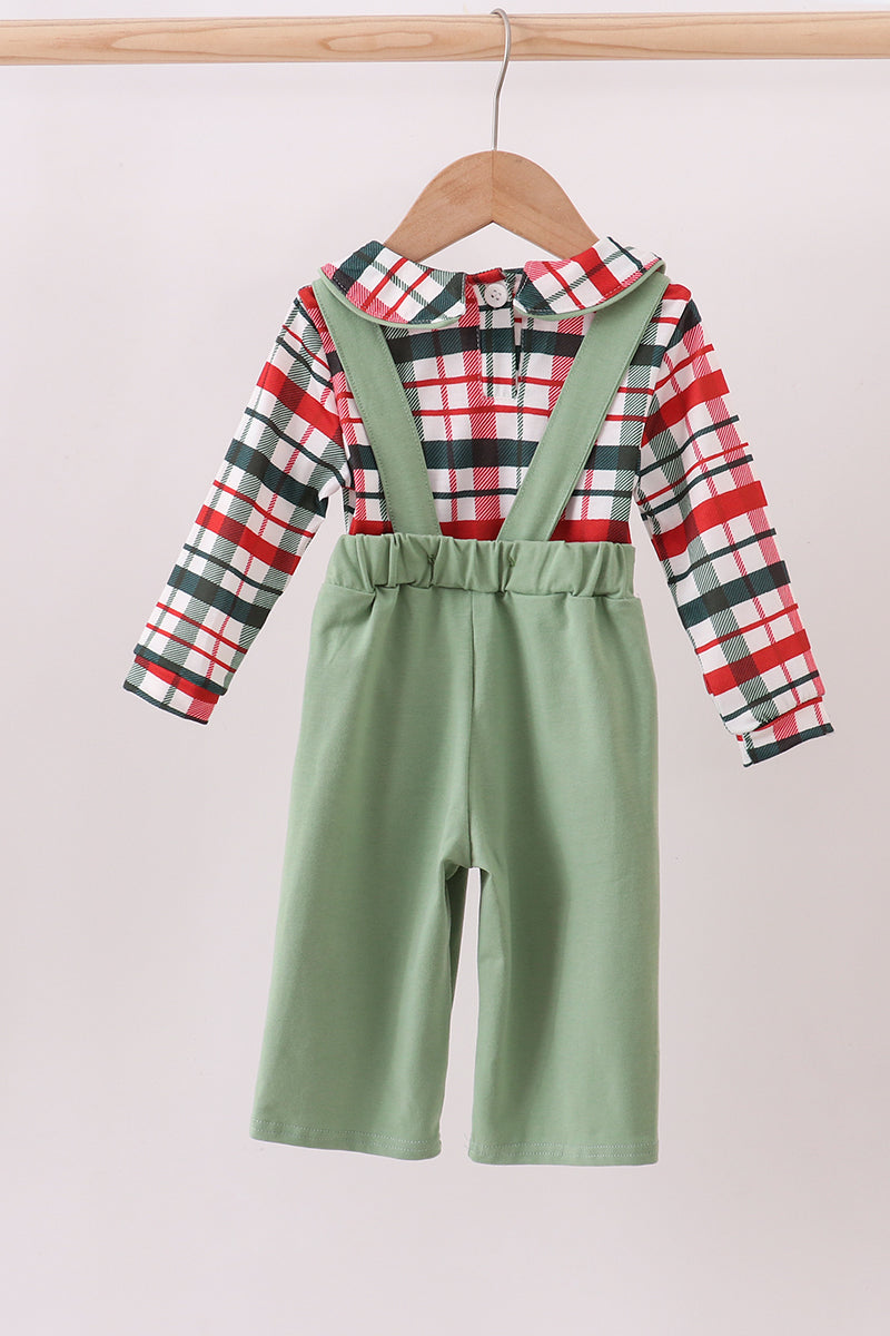Green christmas reindeer applique plaid 2pc jumpsuit set