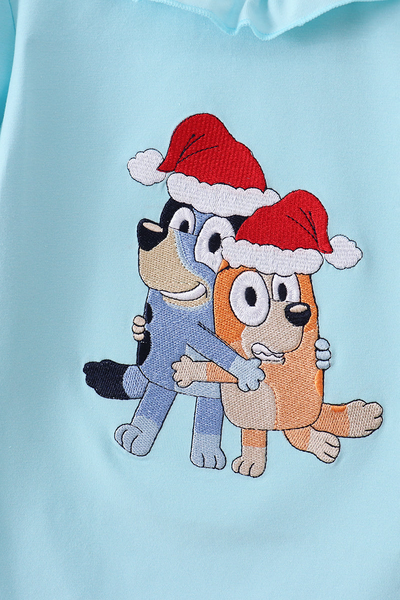 Blue christmas character embroidery ruffle pants set