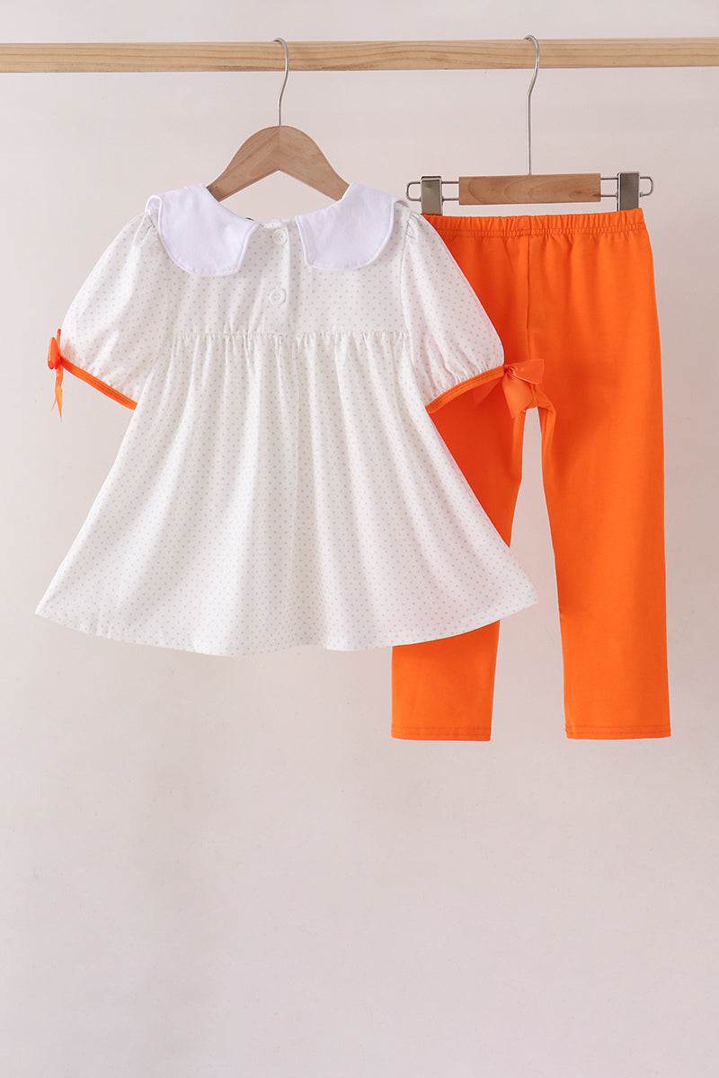 Orange Pumpkin Bow Embroidery Pants Set