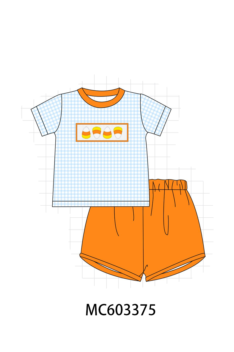 Blue Gingham Candy Corn Embroidery Shorts Set