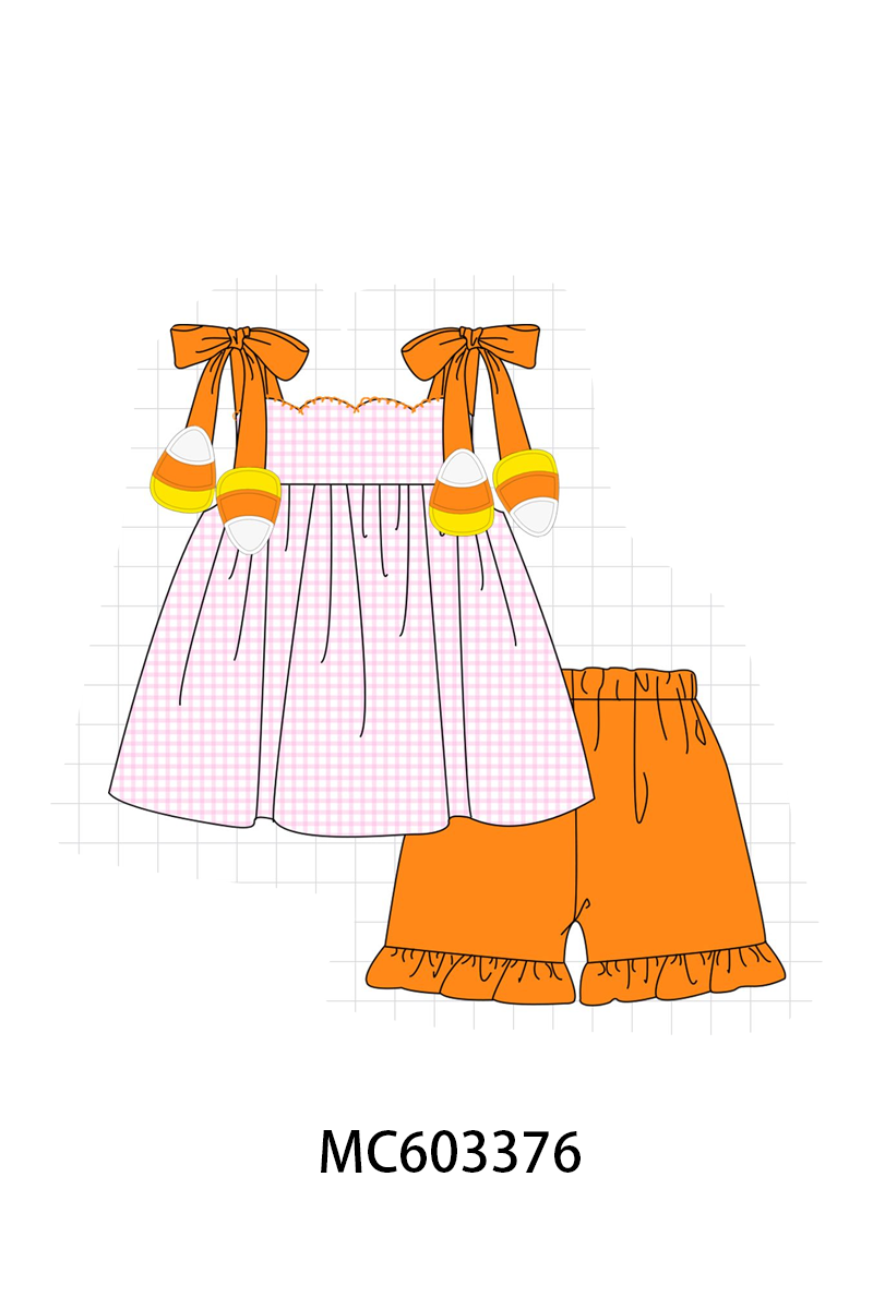 Pink Gingham Candy Corn Ruffle Shorts Set