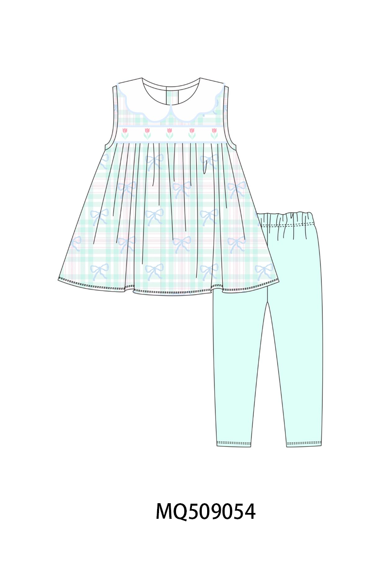 Blue plaid bow floral pants set