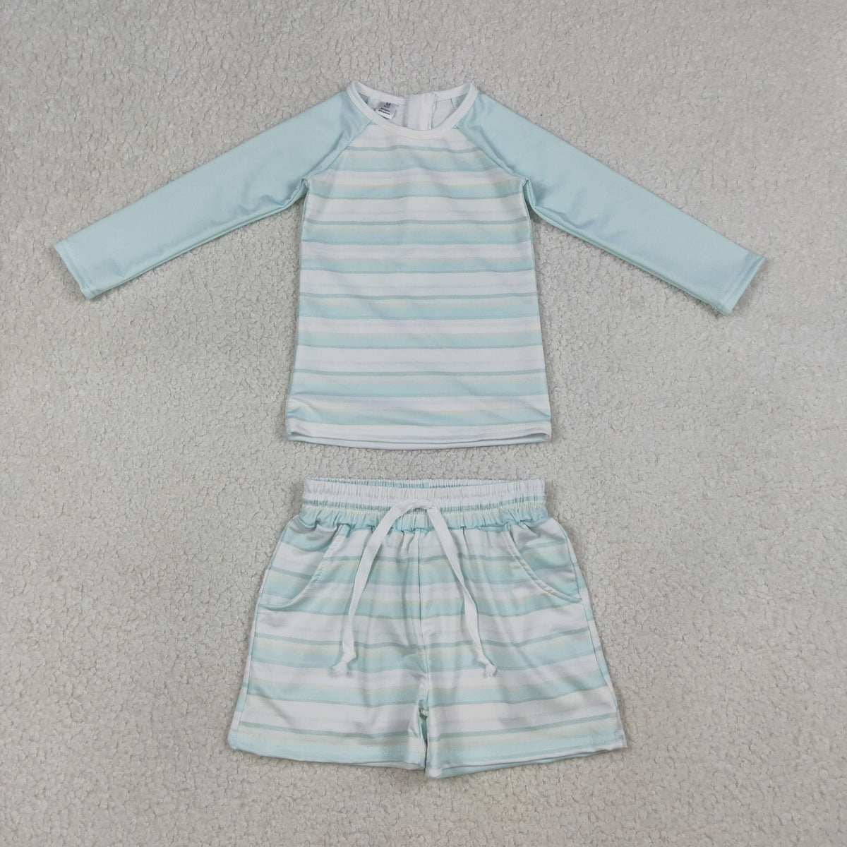 Sibling Baby Boys Light Blue Stripe Long Sleeve Top Short Back Zip Swimsuits