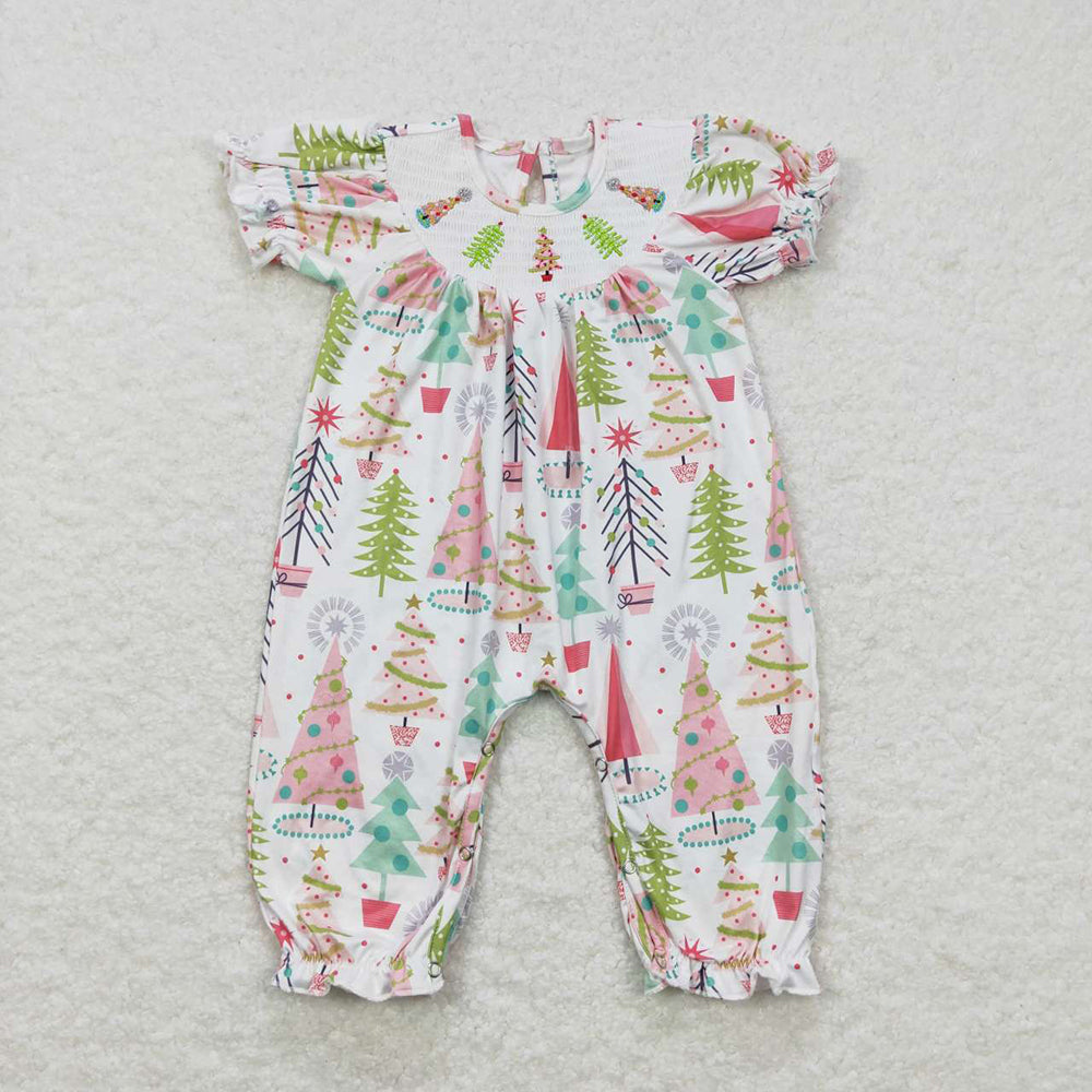 Sibling Baby Girls Smocked Christmas Trees Dresses Ruffle Sleeve Footie Rompers