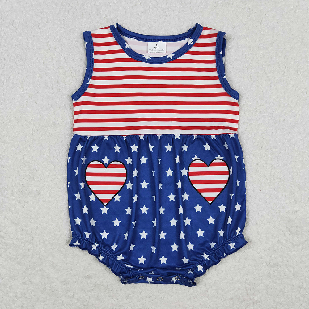 4th of july baby girls stripes stars heart pocket summer rompers SR1444